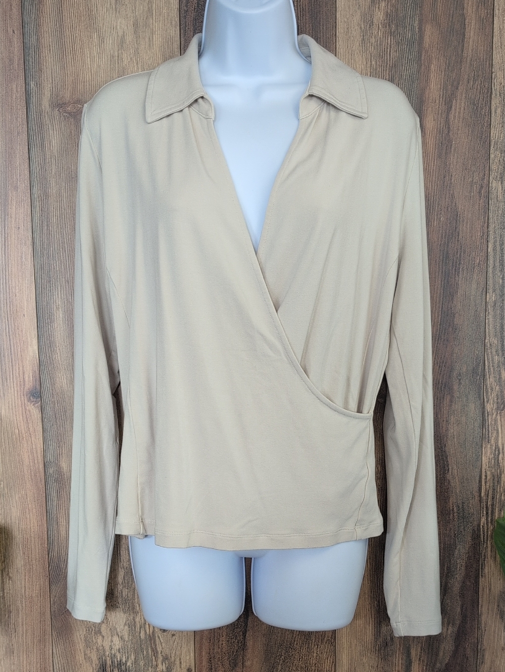 CAbi Wrap-Front Long Sleeve Collared Pullover Top M   Q286